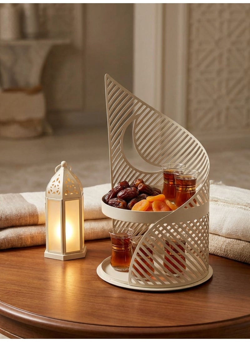 Tanseeq حامل تقديم أنيق بلون البيج ذو طبقتين مع هلال لتزيين رمضان، صينية تمر معدنية، هدية عيد، مركز طاولة إسلامي - Image 3